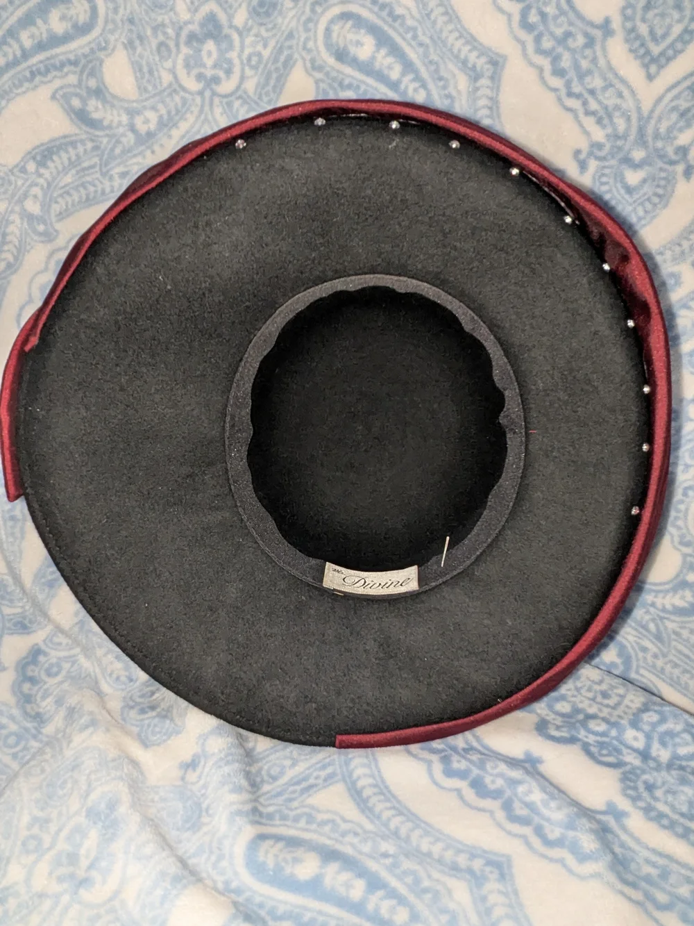Women’s Burgundy Satin-Topped Black Beret with Rhinestone Trim